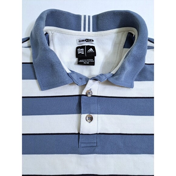 Adidas Striped Polo Shirt Golf Golf Climalite Men's Medium Logo Blue White - Picture 1 of 9